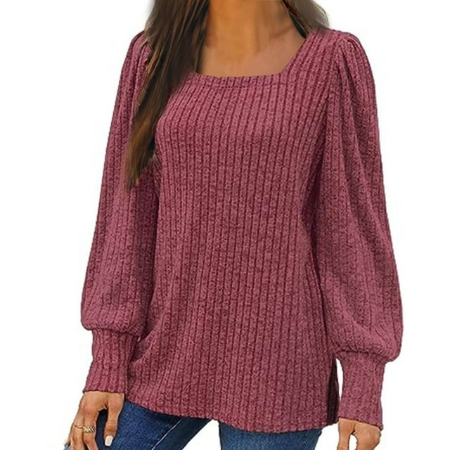 Jsaierl Mujeres Casual Puff Camisas de Manga Larga 2025 Otoño Moda Side Split Cuello Cuadrado Tops Loose Fit Dressy Túnica Blusas