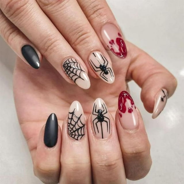 24 piezas de uñas postizas de Halloween MACHAO diseño de araña de sangre y telaraña cobertura completa