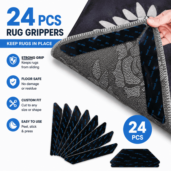 Non Slip Rug Gripper Tape, 24 PCS Double Sided Carpet Stickers, Anti‑Curling Rug Pad Grippers for Area Rugs, Hardwood, Tile Floors, Reusable No Residue