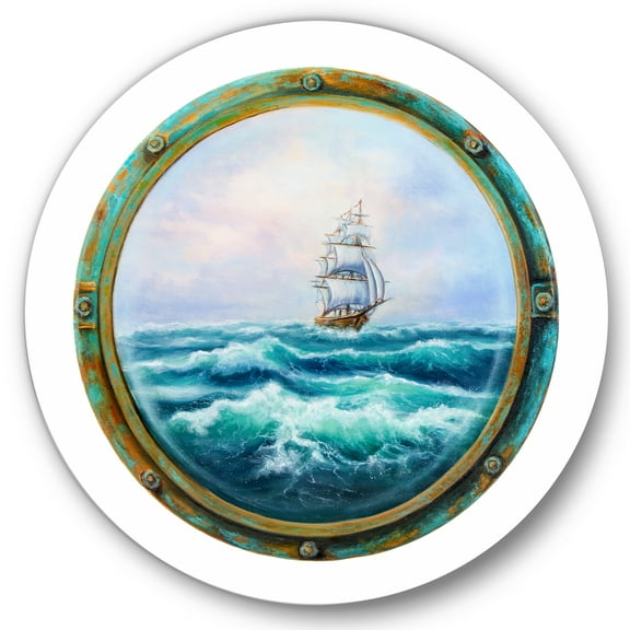 Designart 'Ship In Stormy Ocean Through Cabin Window' Nautical & Coastal Circle Metal Wall Art 36x36 - Disc of 36