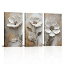 ‌Visual Art Decor Neutral Tones Textured Floral Canvas Wall Art - 3 Panel Modern Botanical Print 8x16 Inch Trio Set, Ready to Hang Home Décor for Living Room, Bedroom, Office