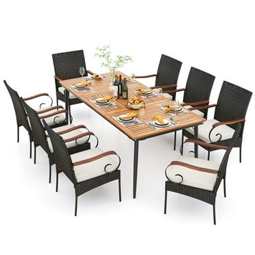 GVN Patio Dining Sets, Outdoor Dining Sets,79 Inch Outdoor Dining Table and 8 Rattan-woven Dining Chairs with Acacia Wood Tabletop