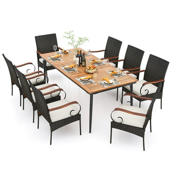 GVN Patio Dining Sets, Outdoor Dining Sets,79 Inch Outdoor Dining Table and 8 Rattan-woven Dining Chairs with Acacia Wood Tabletop
