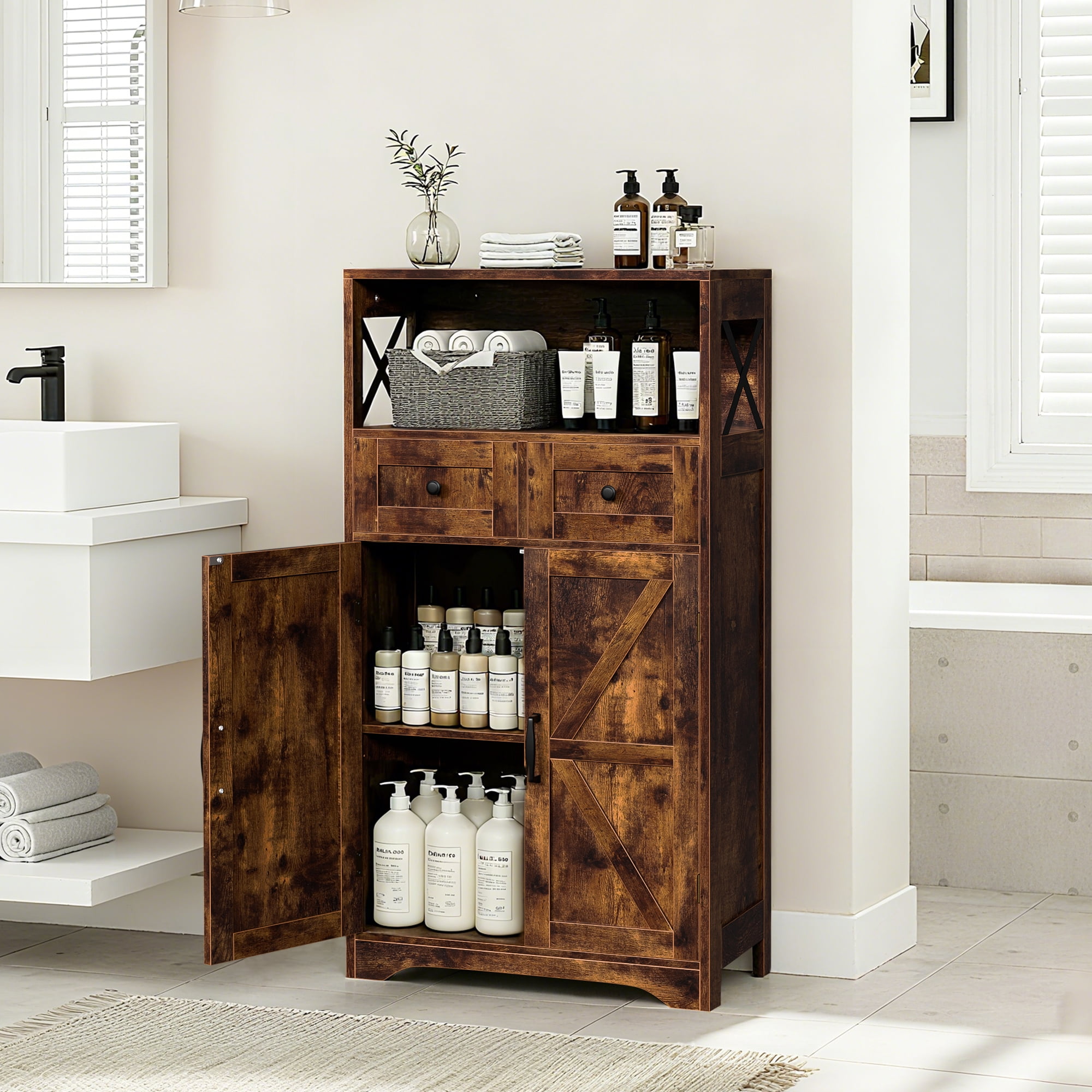 HomGarden Floor Storage Cabinet Large Farmhouse Kitchen Pantry Cabinet W/Drawers & Doors & Shelves for Home, Bathroom, Entryway, Living Room, Rustic