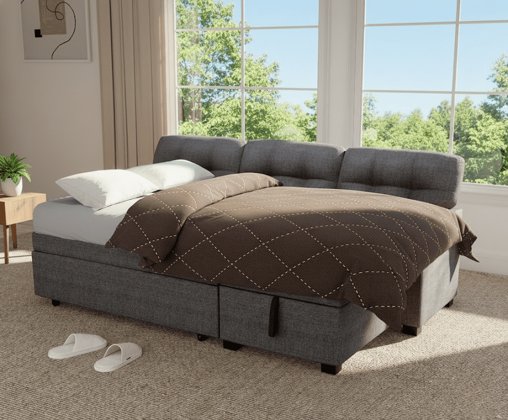 Howcool 82" Sectional Sofa Bed, L-Shaped Sleeper Pull Out Couch with Storage Chaise & USB Charging Ports, Linen Fabric for Small Apartment Living Room, Light Grey(Thick Sponge)