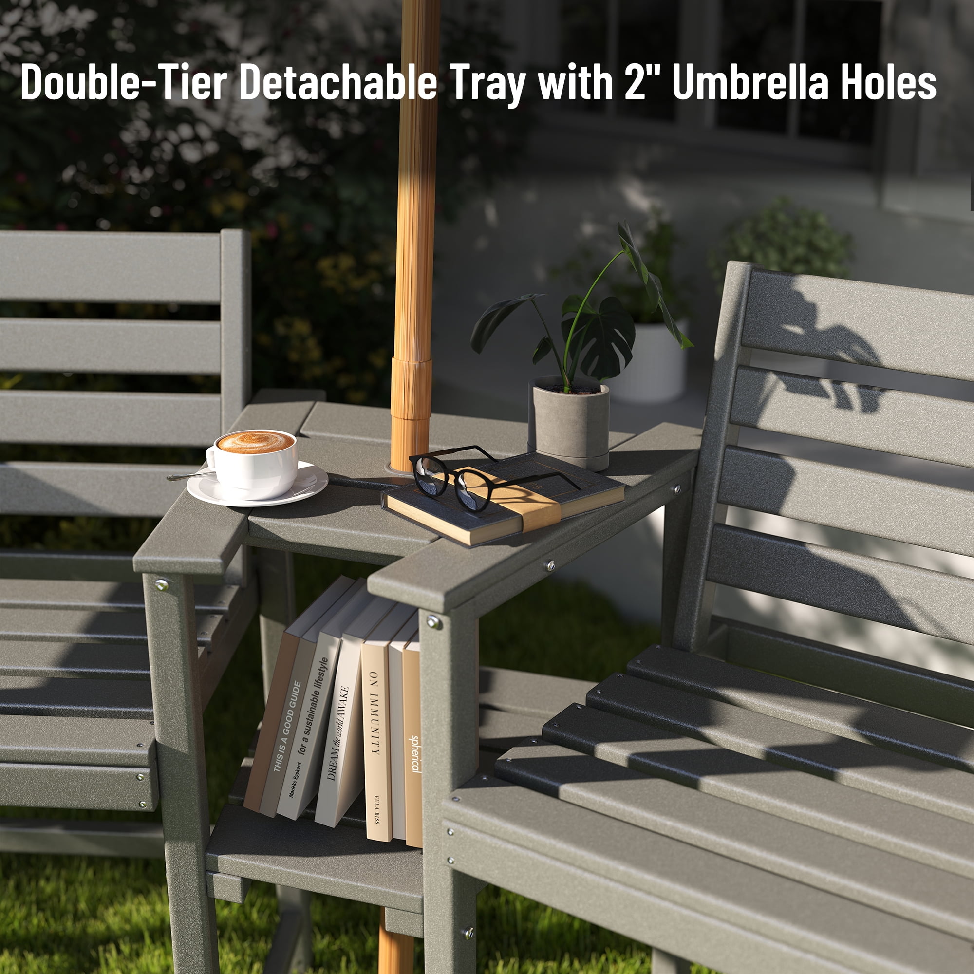 FOOWIN HDPE Plastic Tall Adirondack Chair Set of 2 W/ Outdoor Barstools and Connecting Tray, Gray