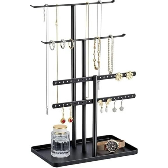 Jewelry Stand Organizer, 12.5" Tall Sturdy Metal, 3-Tier Jewelry Holder for Necklace, Earring, Bracelet, Ring, Hanger for Display and Storage, Aesthetic Room Decor, Black
