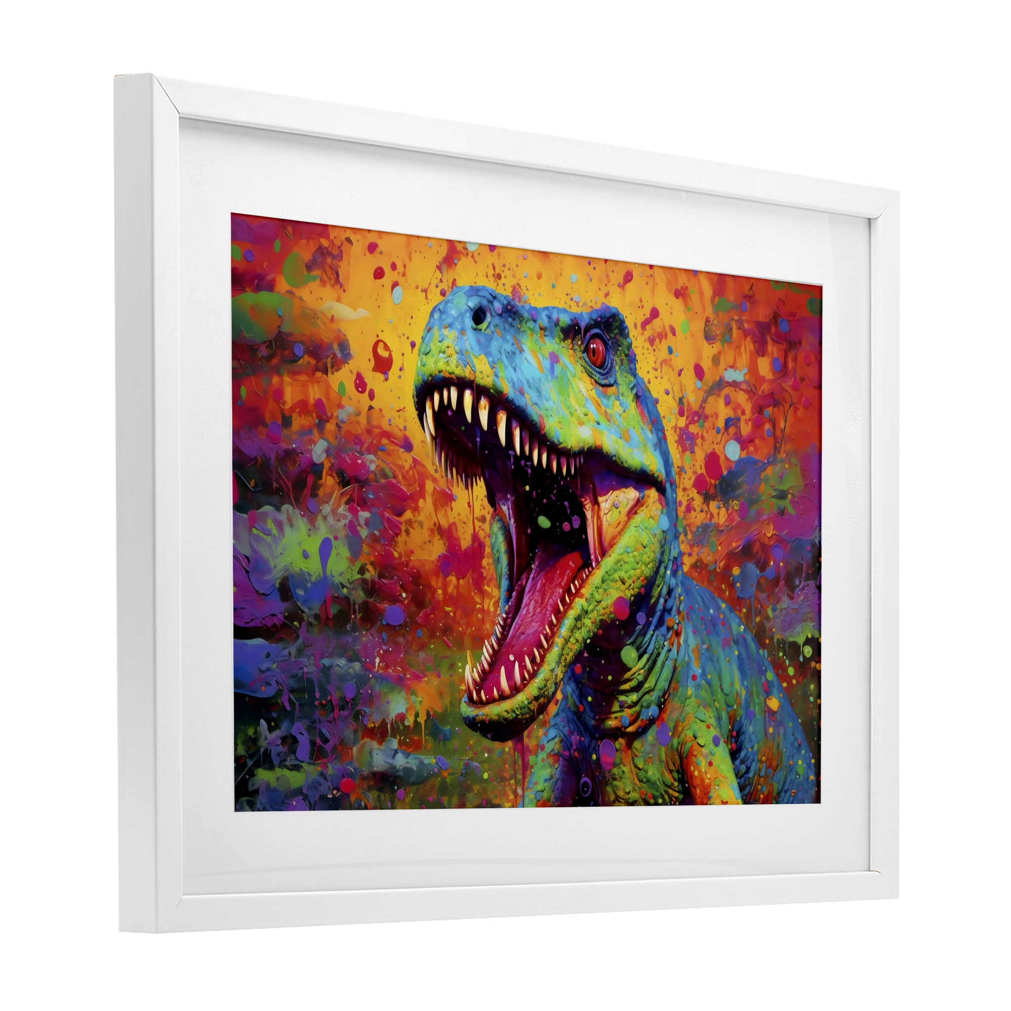 Stupell Industries Colorful T-Rex with Splatter White Framed Print Under Glass, design by Creative Studio