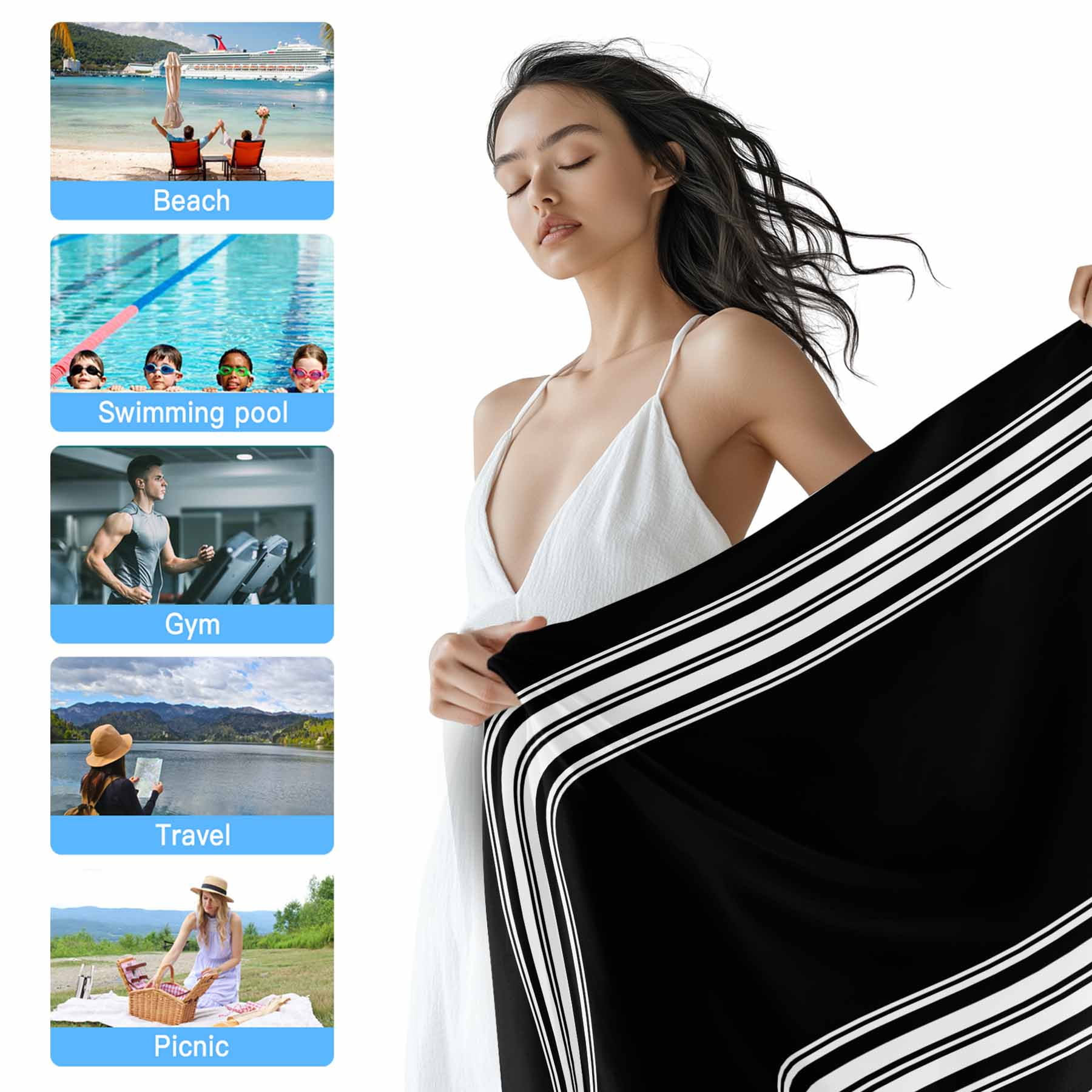 Beach Towel Black Striped Bath Pool Towels Black White Stripes Absorbent Beach Towel Soft Large Quick Dry Lightweight Camping Travel Sports Yoga Gym Swim Towels for Adult 35x70 Inch