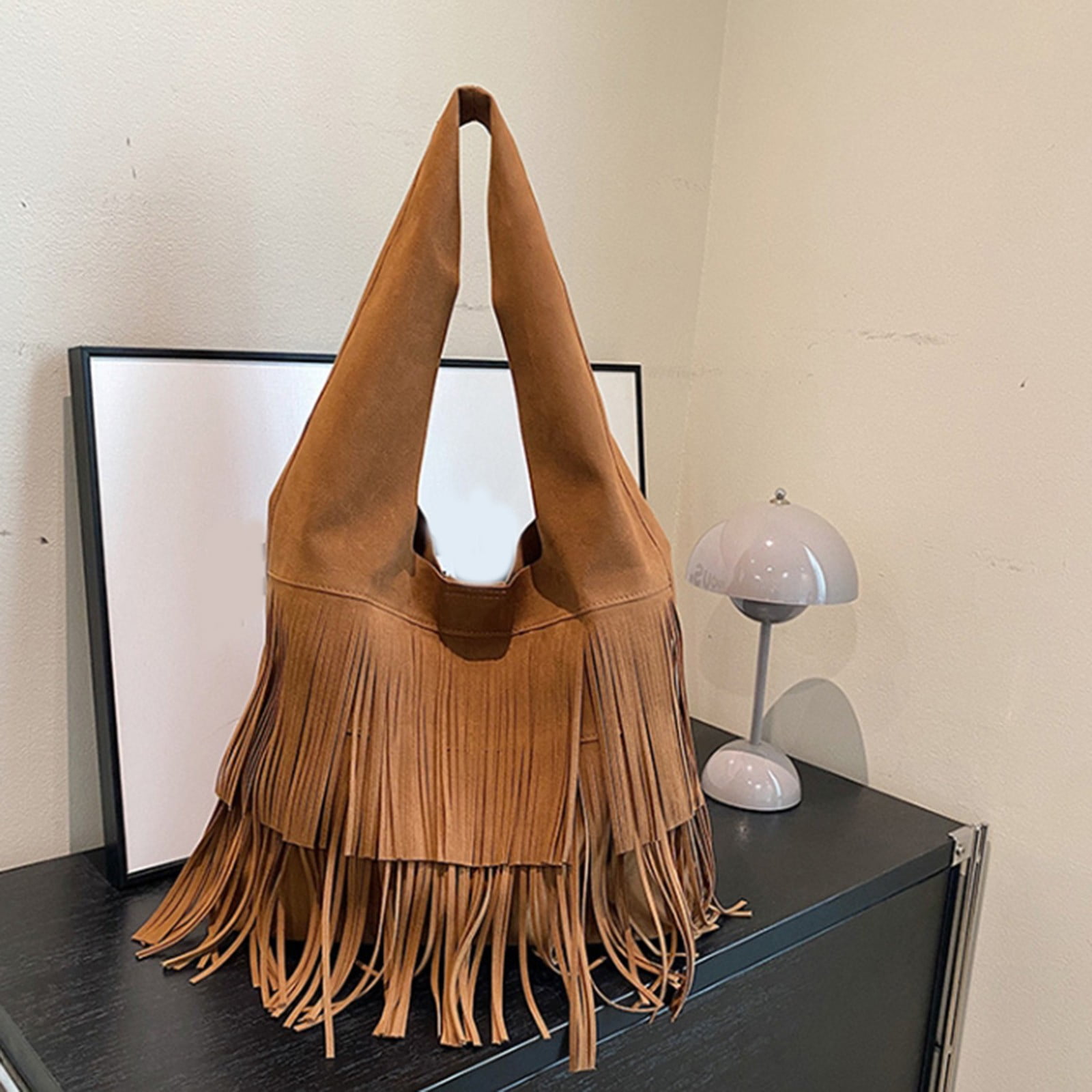 Womens Suede Shoulder Bags Vintage Fringe Handbag Lightweight Tassel Western Purse Large Capacity Tote Bag