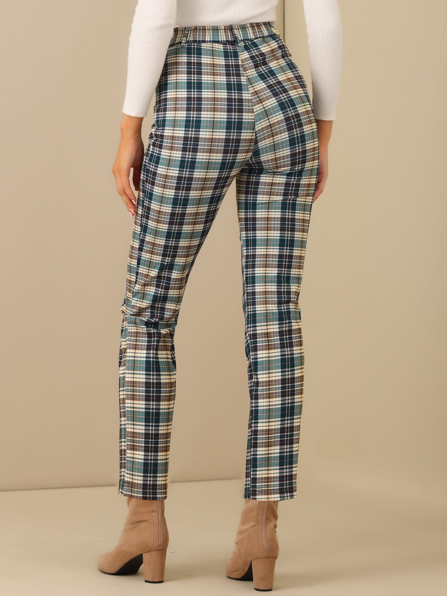 DARING DIVA Women's Plaid Trousers Button Tartan Check Work Pants XL Green