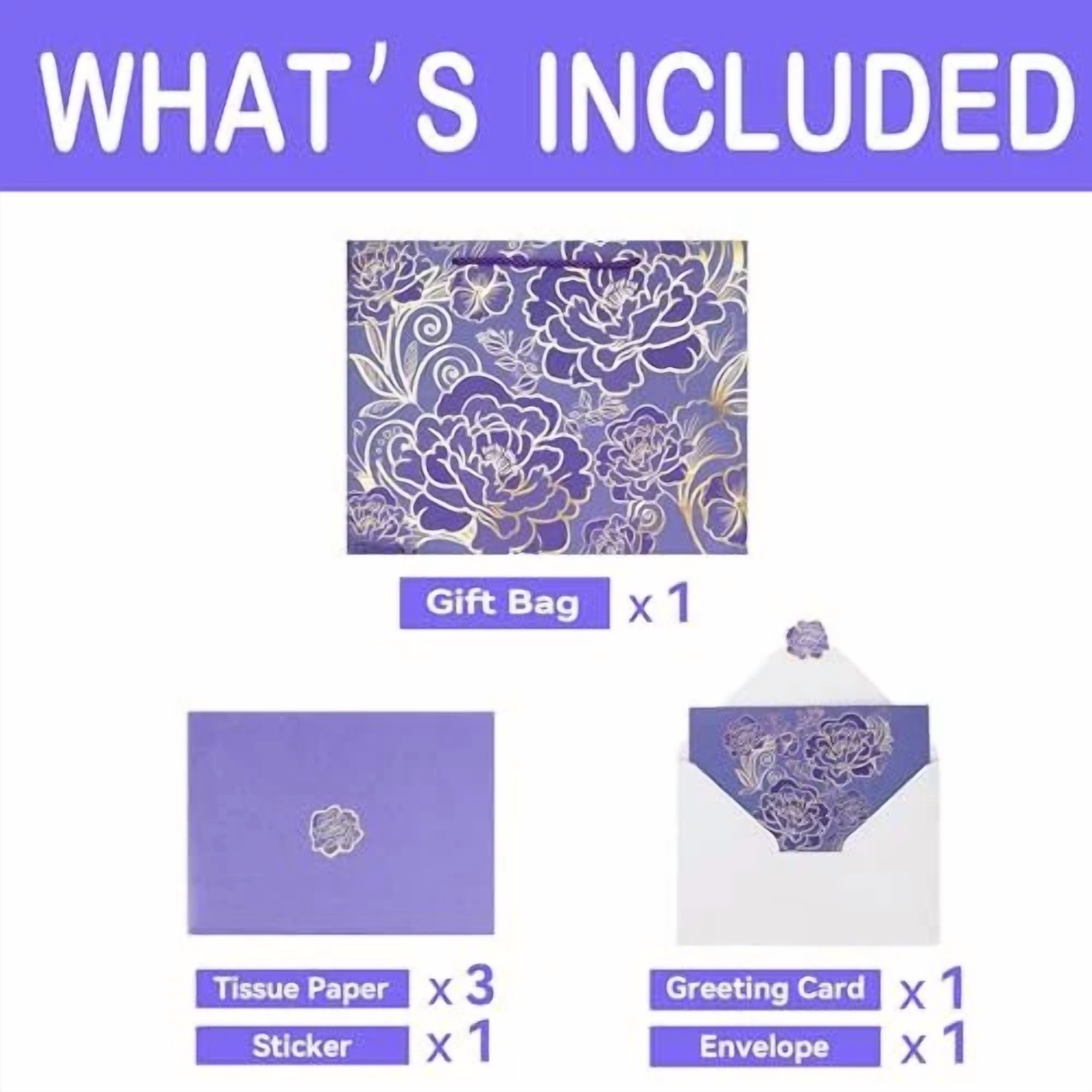 BUTTERFLY- 13" Large Rose Purple Gift Bag Set With Greeting Card And Tissue Paper For