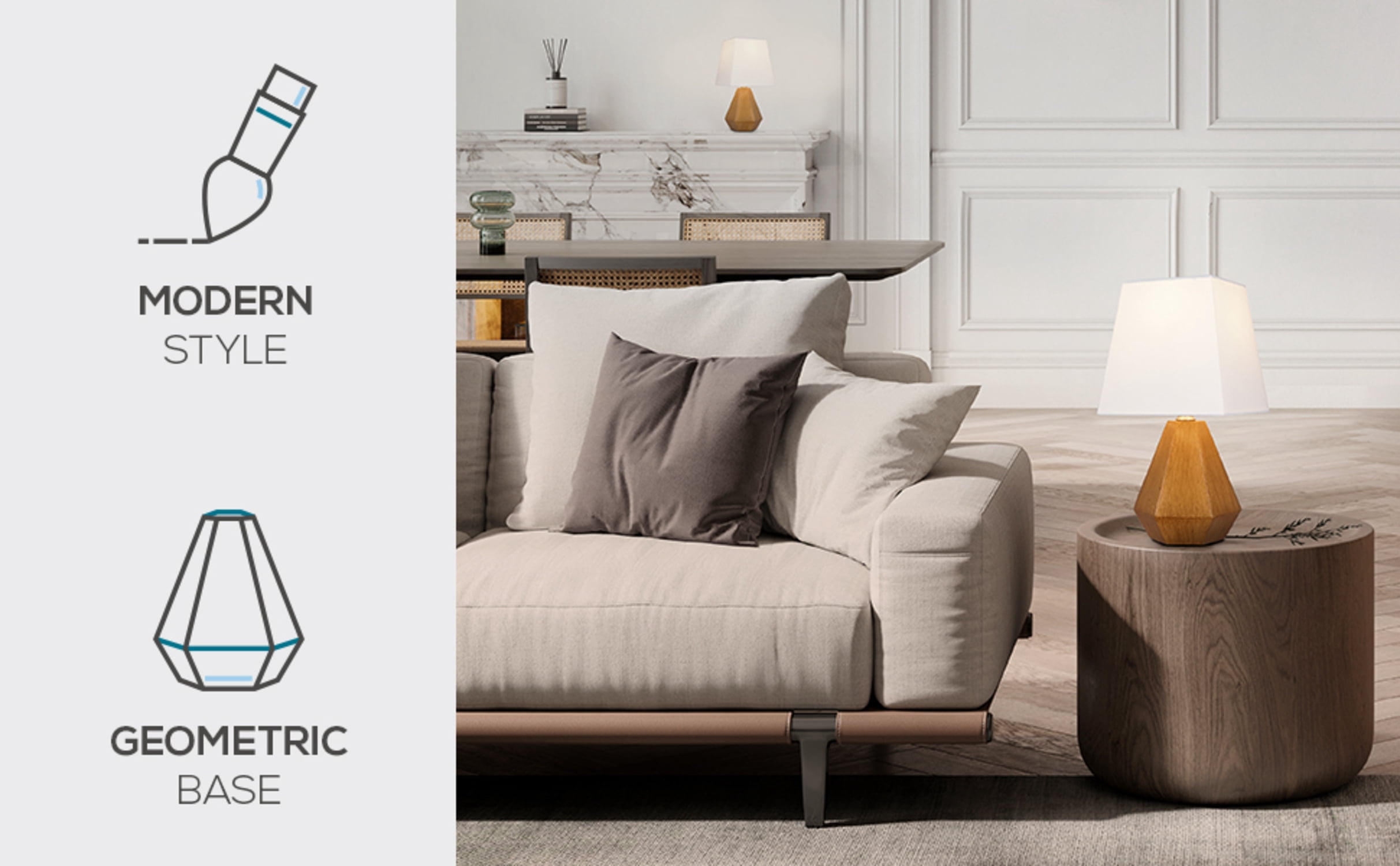 Catalina Lighting Geometric Table Lamp, 13.5 in, Natural Finish Look with White Fabric Shade