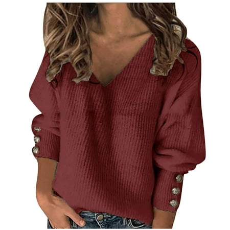 Scyoekwg Long Sleeve Blouses for Women Fall Fashion Lightweight Loose Classic Solid Color 2022 Fashion Long Sleeve V Neck Daily Shirts Fall Winter Tunic Top Shirts Wine L