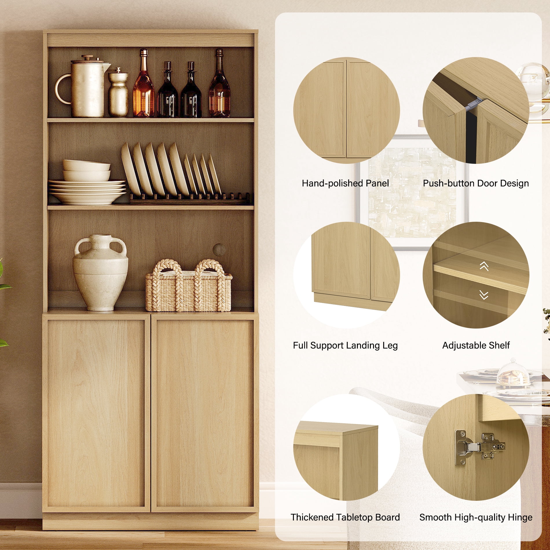 Modern 72" Tall Bookshelf with Storage Cabinet and Open Book Shelves, Wood Book shelf for Home Office, Living room,Oak