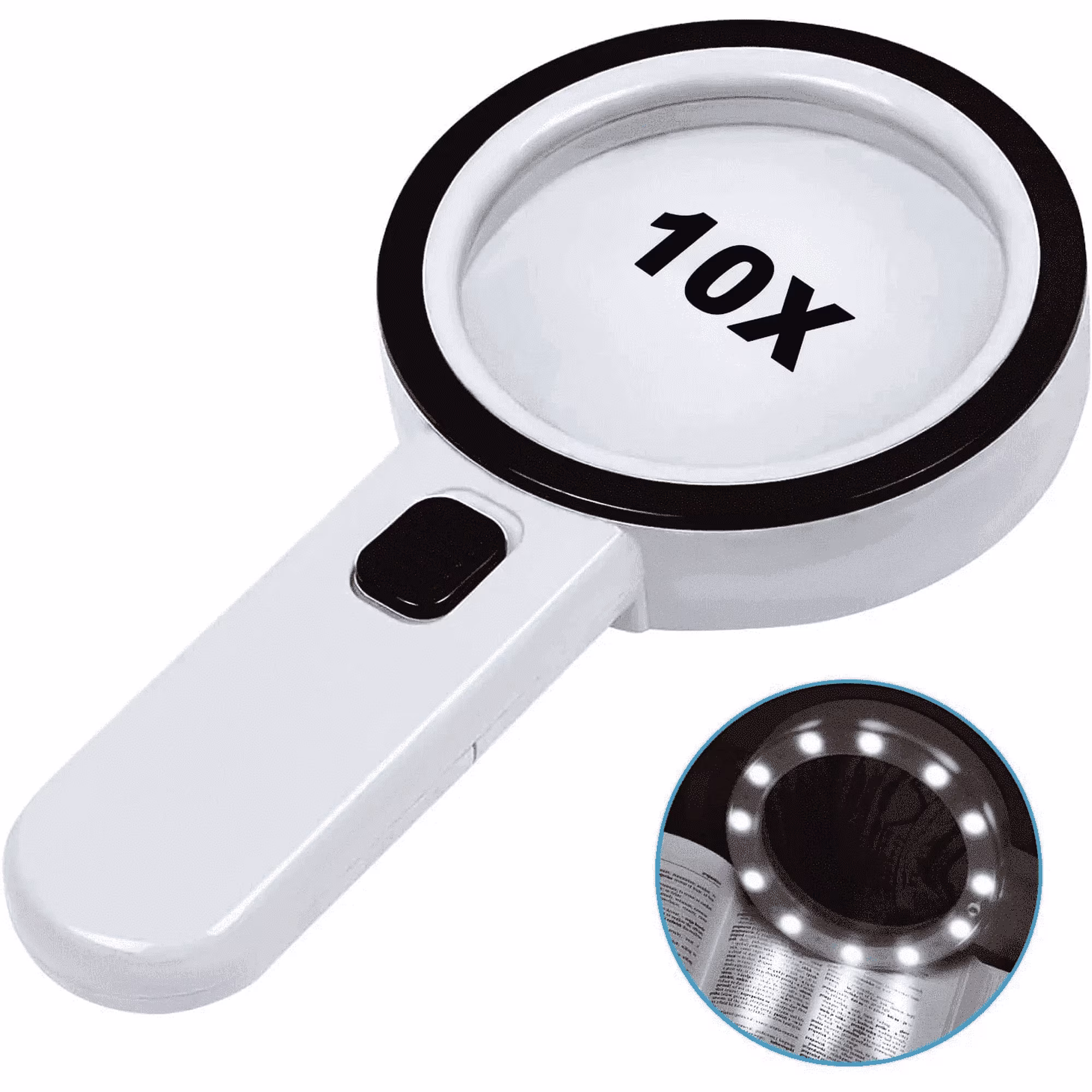 Black White, variant on Magnifying Glass with 12 LED Lights, 10X Double Glass Lens Handheld Illuminated Magnifier Reading Magnifying Glass with for Seniors Read, Coins, Stamps, Map, Inspection, Macular Degeneration