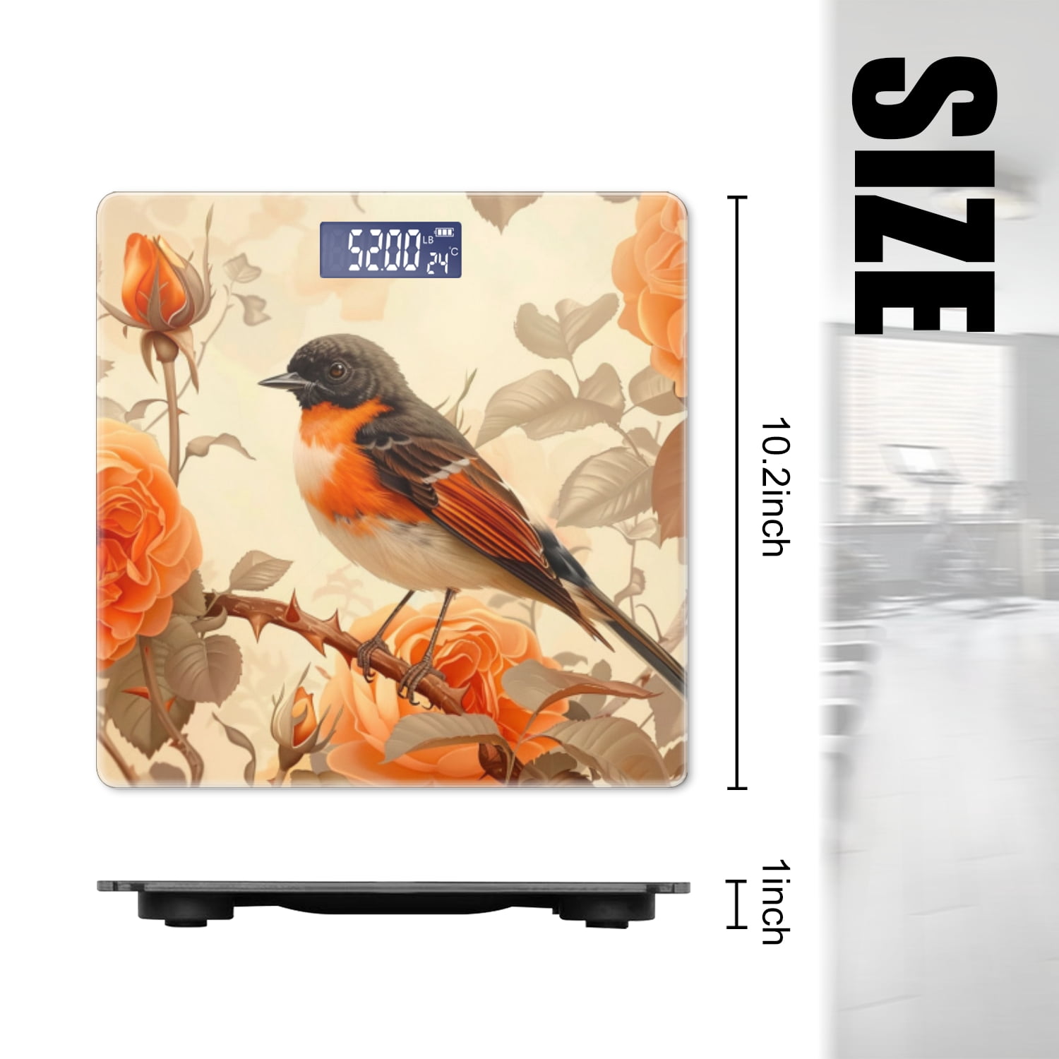 High Precision Body Weight Scale Smart Bathroom Scales with Large LCD Display(400lbs),Decorative for Bedroom-Beautiful Bird Perched On The Branch Of Orange Rose