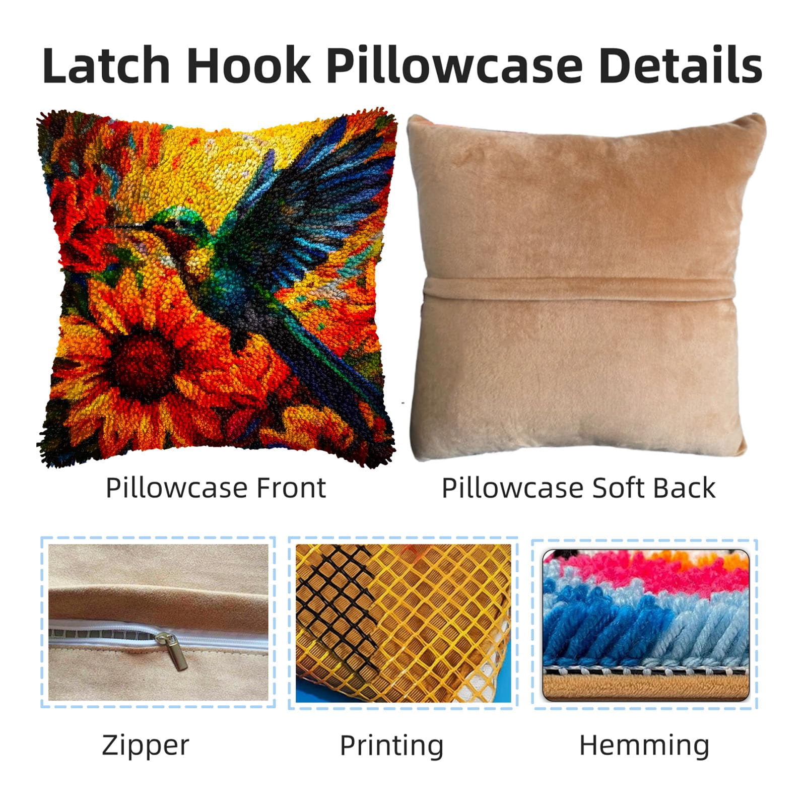Hummingbird Sunset Sunflowers DIY Latch Hook Pillow Kits for Adults Printed Pillowcase Crochet Yarns Hooking Handmade Pillow Cover Cushion for Home Sofa Decoration 17x17inch(1)