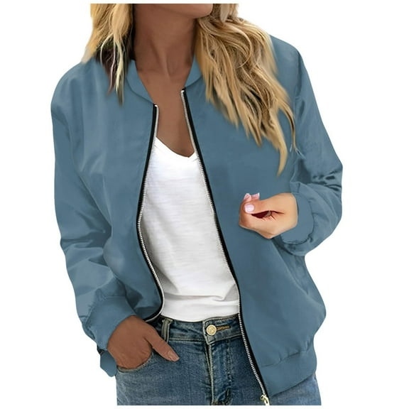 Polyester Women's Casual Jackets Ladies' Casual Thin Long-Sleeved Zippered Baseball Jacket Pocket Coat Jacket Top Blue L