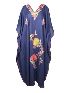 Mogul Women Navy Blue Kaftan Maxi Dress Boho Loose Floral Embroidered Kimono Sleeves Resort Wear Cover Up Housedress 4XL