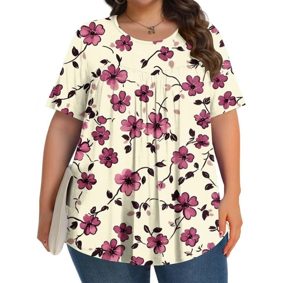 Womens Tops Short Sleeve Pleated Solid Round Neck Printed Plus Size Fold Blouse Multicolor XXXXL