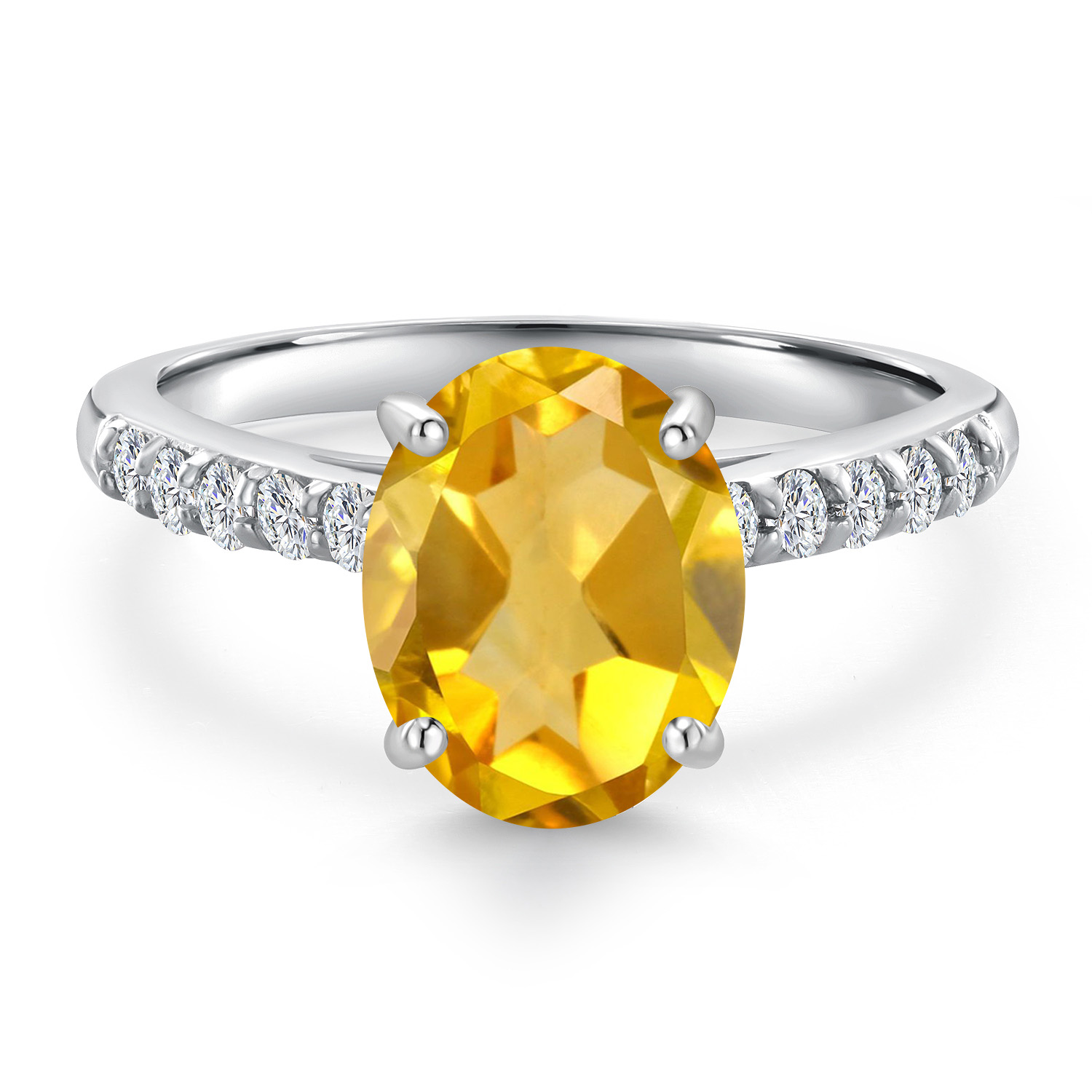Gem Stone King 10K White Gold Yellow Citrine and Lab Grown Diamond Engagement Ring for Women | 1.70 Cttw | Oval 9X7MM | Gemstone November Birthstone | Size 8
