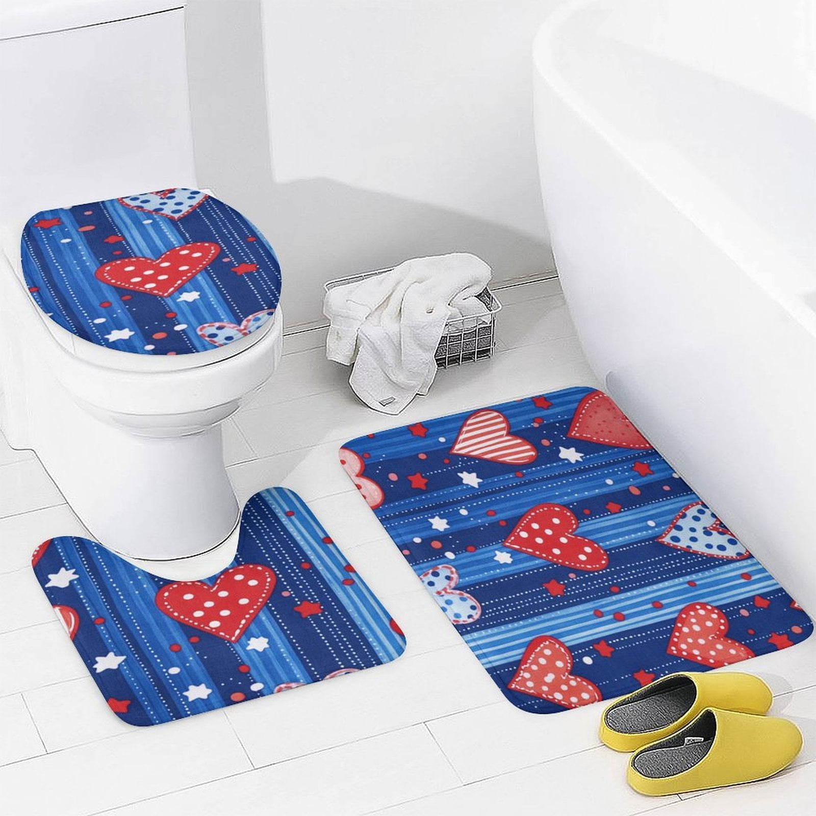 USA Hearts & Stars 4 Pcs Shower Curtain Set Shower Curtain And Rugs Shower Curtain Set Independence Labor Day Waterproof Fabric Bath Curtain for Bathroom Decor Set
