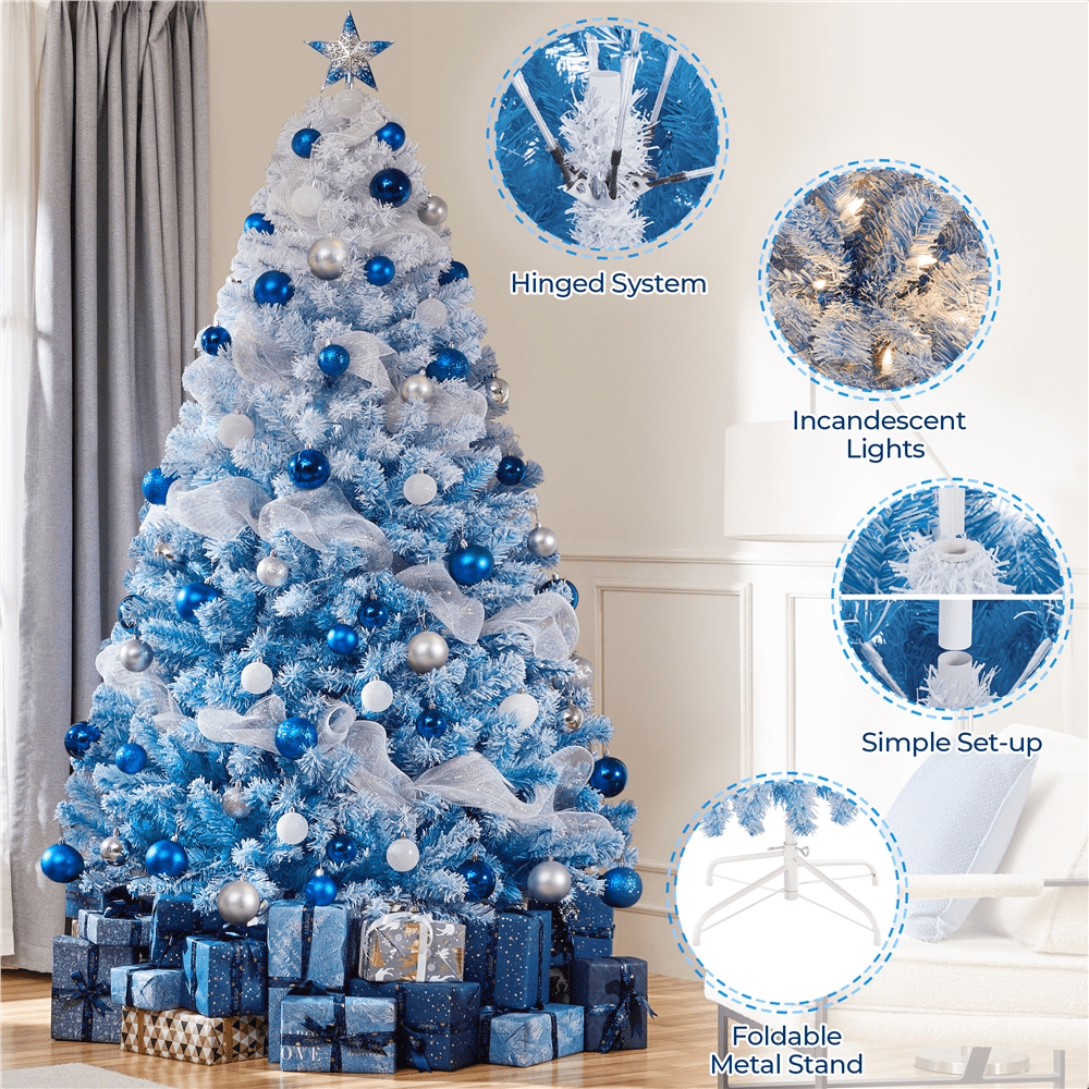 Alden Design 7.5 FT Artificial Snow Flocked Christmas Tree, with 250 Lights Lake Blue Gradient
