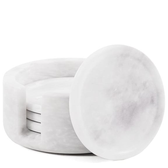 Radicaln White Marble Coasters Set of 4 Handmade 3.5 inch Round Coasters for Drinks, Elegant Coaster Set with Holder for Dining and Coffee Tables