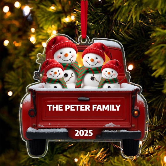 Personalized Snowman Family Ornament, Custom Snowman Red Truck Christmas Acrylic Ornaments, Gift For Her Ornament, Christmas Party Gift