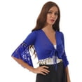 thumbnail image 5 of Alvivi Womens Lace Flared Sleeves Knot Front Shawl Glitter Bead Tassel Belly Dance Top Dancewear Royal Blue L, 5 of 7