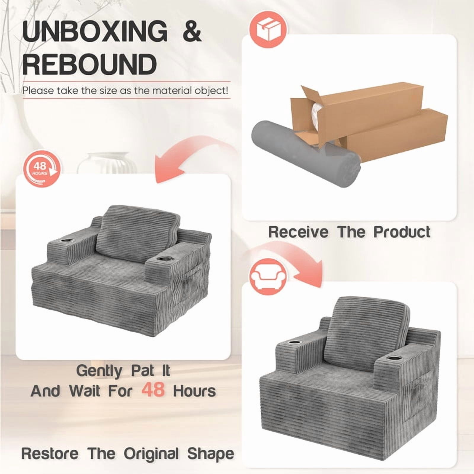 Homall Adult Deep Seat Chaise Lounge Sofa Chair Oversized Corduroy Cloud Boneless Single Sofa with Cup Holders ,Gray