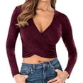 thumbnail image 1 of Besolor Women's V Neck Cropped Tops Trendy Cross Long Sleeve Solid Color Stretch Slim Fit Basic Blouse T-Shirts, 1 of 4