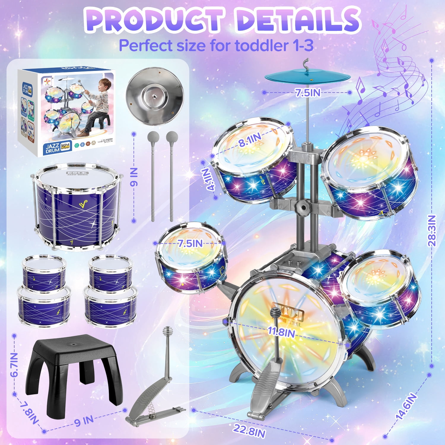 Huge Wave Kid Drum Set for Toddler 1-3 Years, Big Size Beginners Jazz Drum Set, Induction Sound and Light, Instrument Birthday Gift for Boys Girls