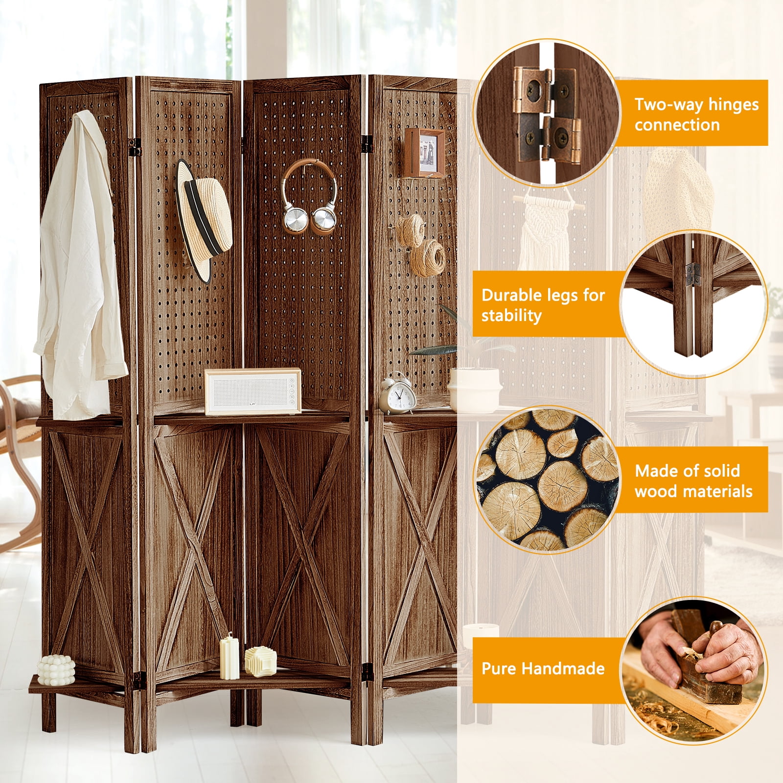 Aletheiawu 6 Panel Wood Display with 24 Hooks, Folding Room Divider, No Installation Require, Brown