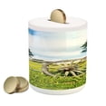 thumbnail image 1 of Barn Wood Wagon Wheel Piggy Bank, Fresh Green Meadow Ranching Fences Growth Rural Landscape Trees, Ceramic Coin Bank Money Box for Cash Saving, 3.6" X 3.2", Multicolor, by Ambesonne, 1 of 4