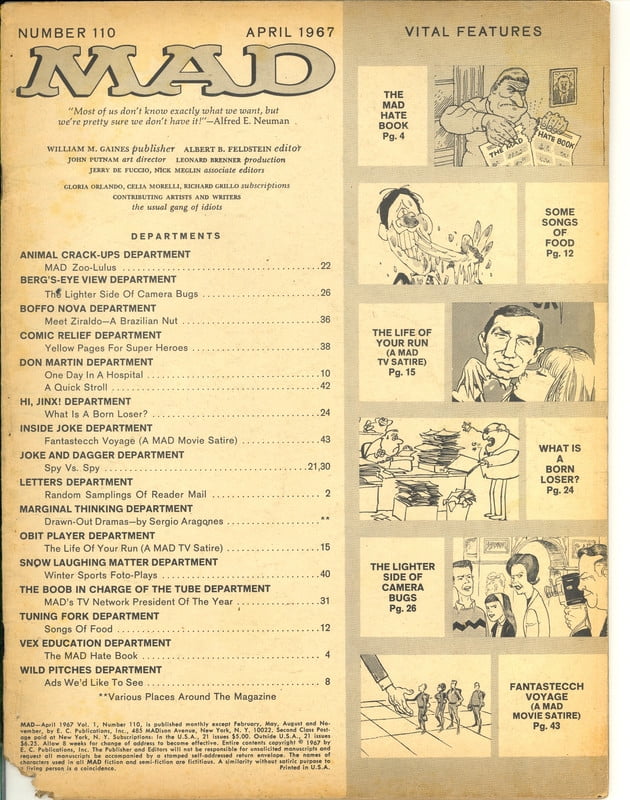 MAD Magazine Vintage Collectible #110 NO COVER APRIL 1967
