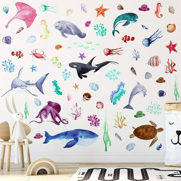 4 Sheets Watercolor Ocean Creatures Wall Stickers Colorful Sea