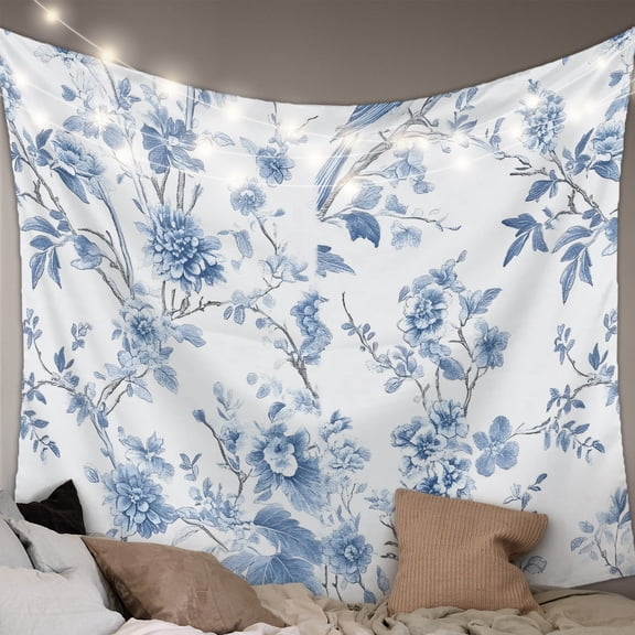 Blue White Spring Floral Tapestry for Bedroom Wall Hanging Tapestry, Summer Botanical Birds Ceiling Backdrop Tapestries Poster Blanket Wall Decor for Teens Room Living Room Dorm 59" x 90"