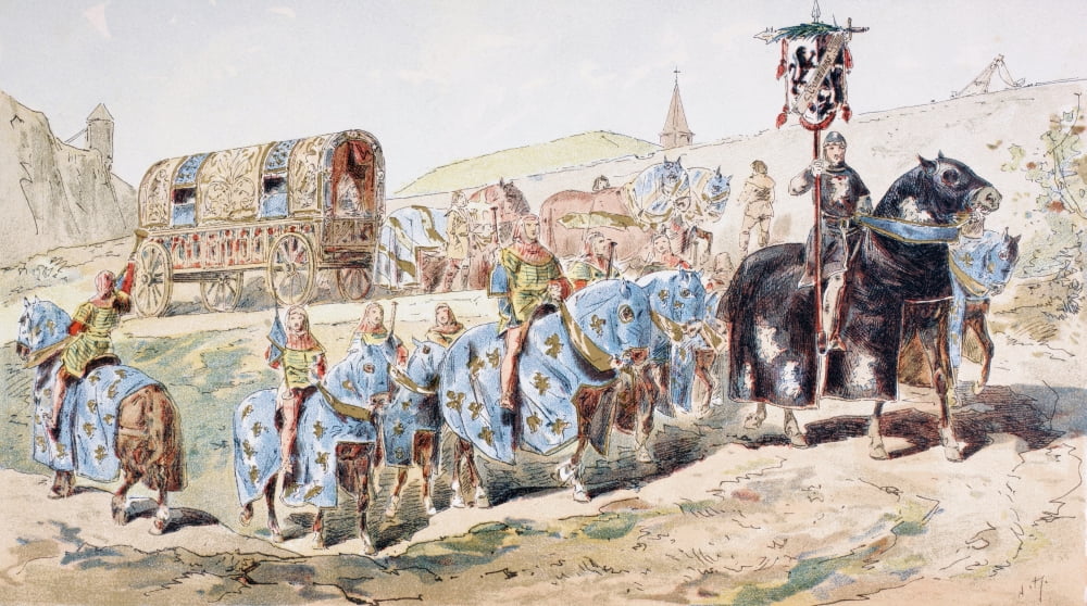 Noblewomen In Horse Drawn Coach Escorted By Trumpet Players In The 13Th Century After A Watercolour By A Heins From Cortege Historique Des Moyens De Transport Published Brussels 1886 Canvas Art - Ken