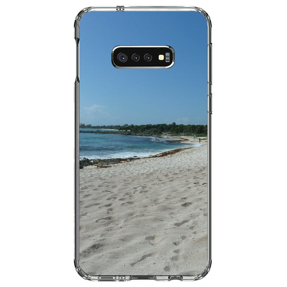 DistinctInk Clear Shockproof Hybrid Case for Samsung Galaxy S10e (5.8" Screen) - TPU Bumper, Acrylic Back, Tempered Glass Screen Protector - Beach Scene Akumal Mexico