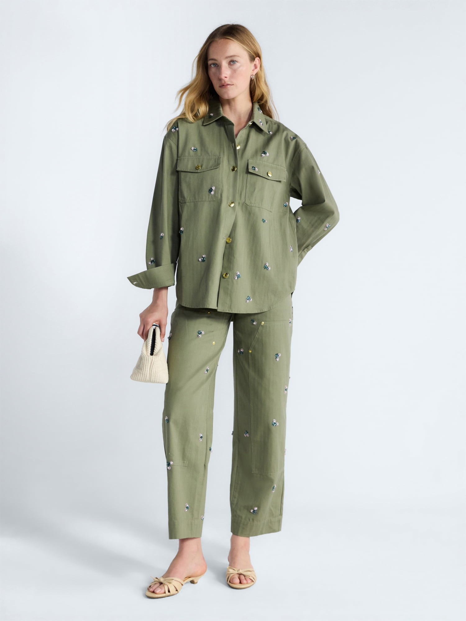 Free Assembly Women's and Women's Plus Embellished Cotton Utility Shirt with Long Sleeves, Sizes XS-4X