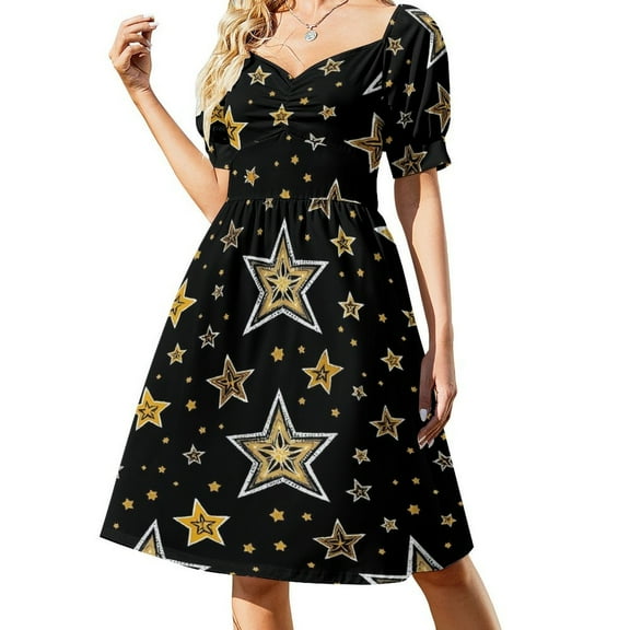 Golden Star Pattern Short Sleeved Dress Women Dress Beachwear Dress