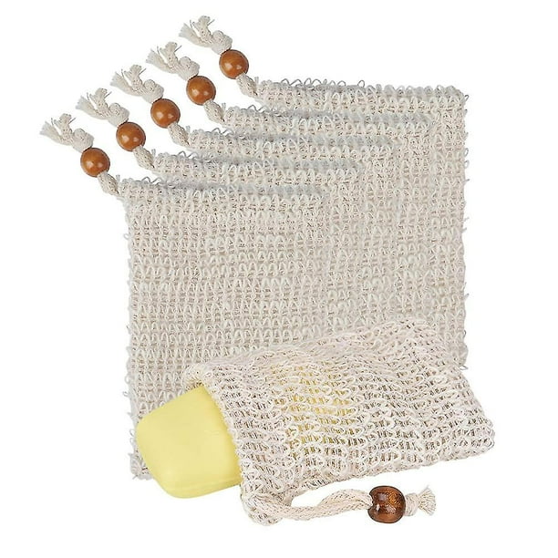 Paquete de 5 bolsas exfoliantes de jabón, protector de jabón Natural hecho a mano, bolsa de jabón de malla de sisal, bolsa de jabón en barra con cordón para uso en baño y ducha
