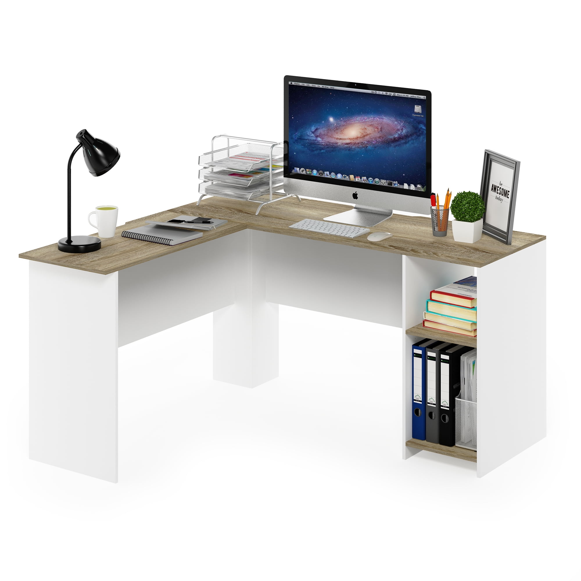 Furinno Indo LShaped Desk with Bookshelves, Sonoma Oak/White