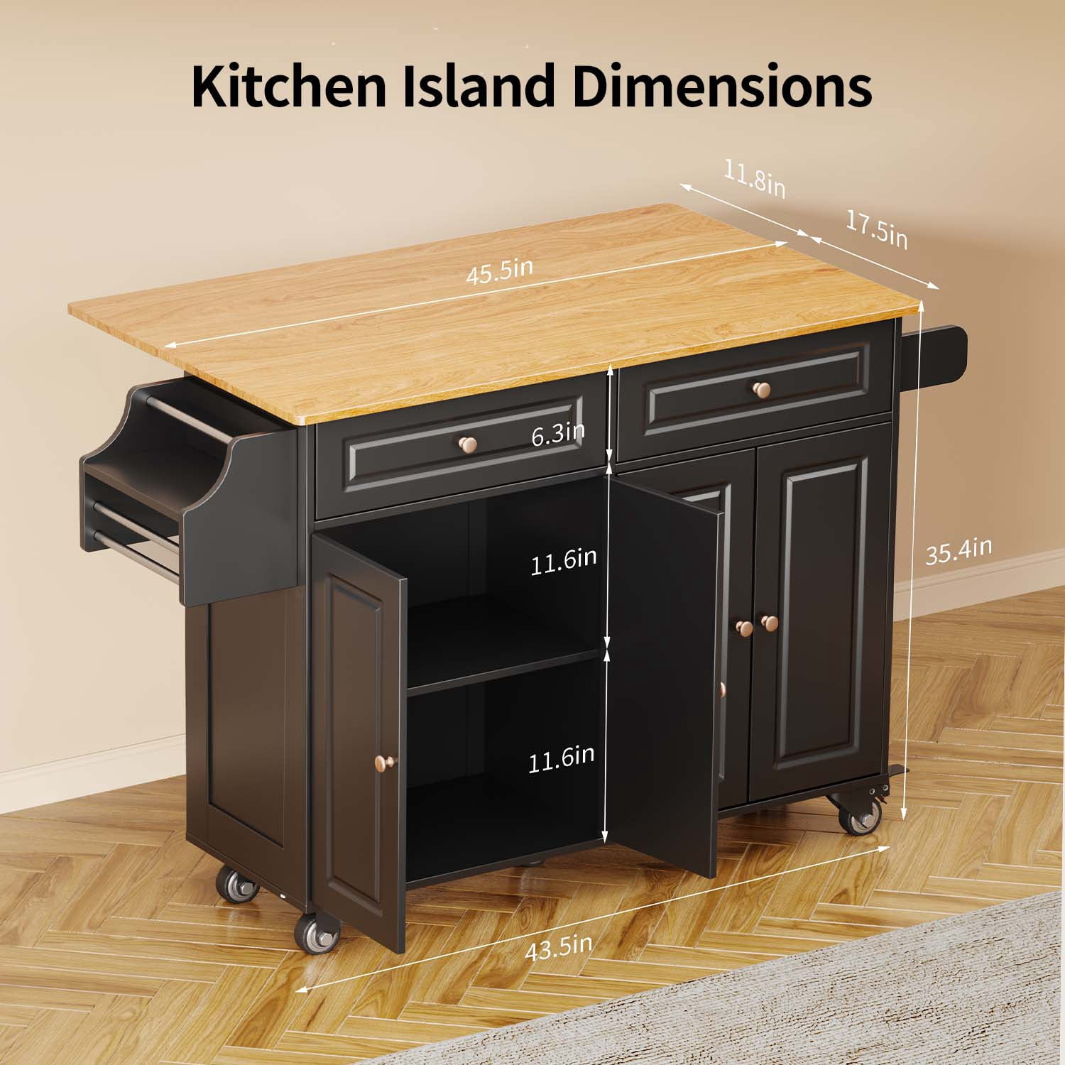 Kitchen Island with Storage, Lofka Kitchen Island Cart with Drop Leaf, for Dining Room|Living Room, Black