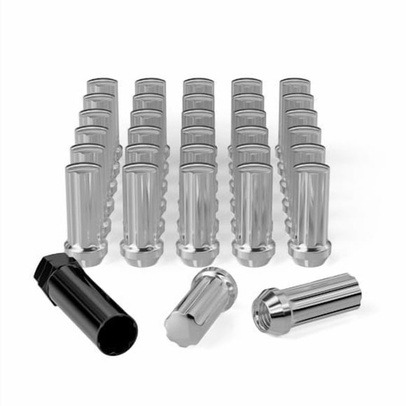 M14X1.5 Wheel Lug Nuts, 32Pcs Chrome 14Mmx1.5 Spline Closed End Lug Nut 2 Inch Tall With 1 Socket Key For Silverado Suburban Express Sierra Ram 2500 3500 F250 F350 8 Lug Aftermarket Wheels