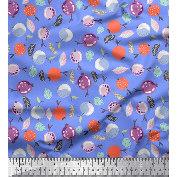 Soimoi Blue Cotton Duck Fabric Leaves & Berries Fruits Printed Fabric 1 Yard 42 Inch Wide