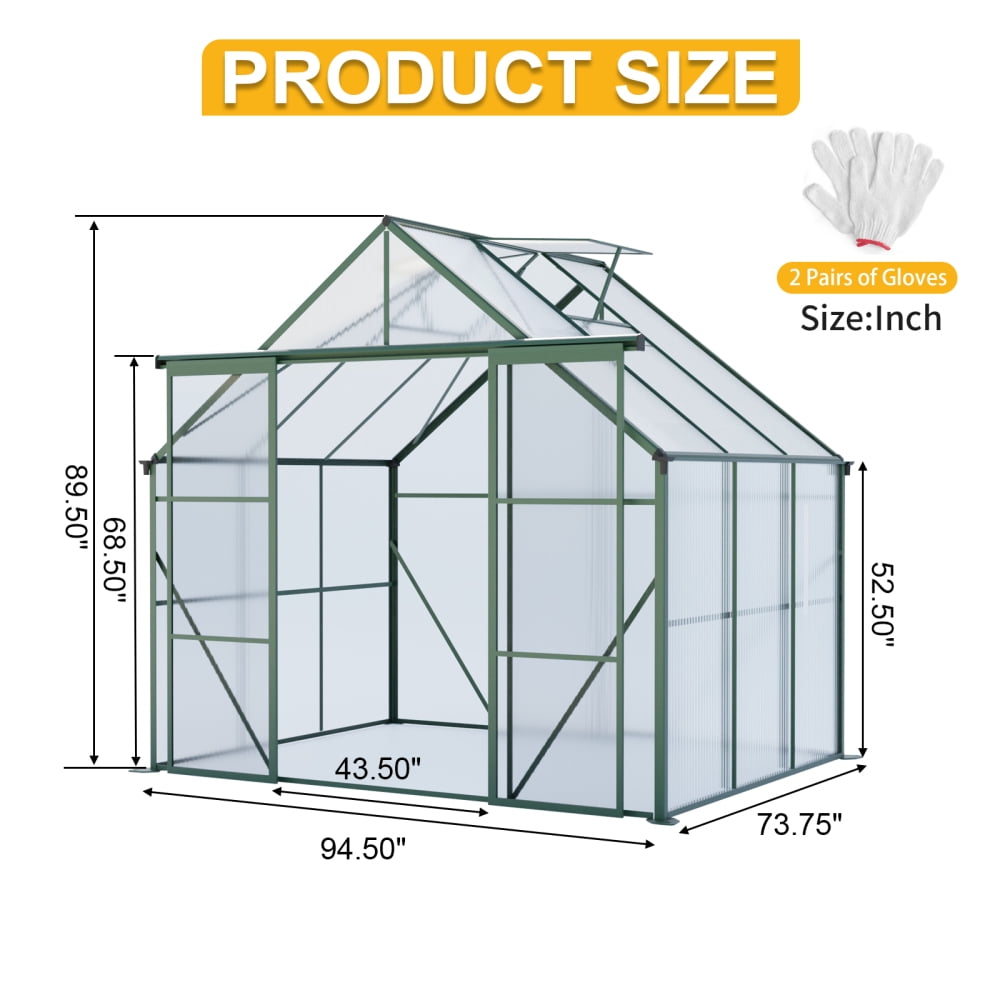 8x6 FT Green Polycarbonate Greenhouse, Double Door Walk-In Design with Anchored Base for All-Season Use