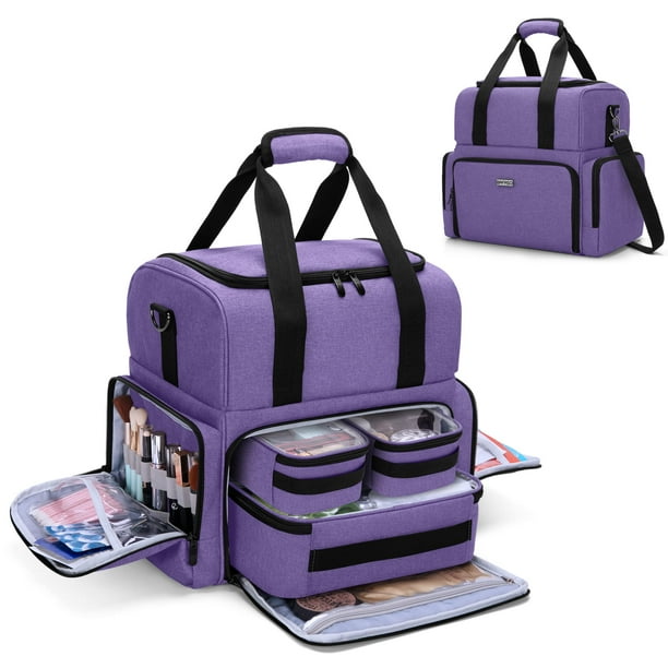 Bolsa de maquillaje de viaje BAFASO de 2 capas con 3 bolsas de nailon morado